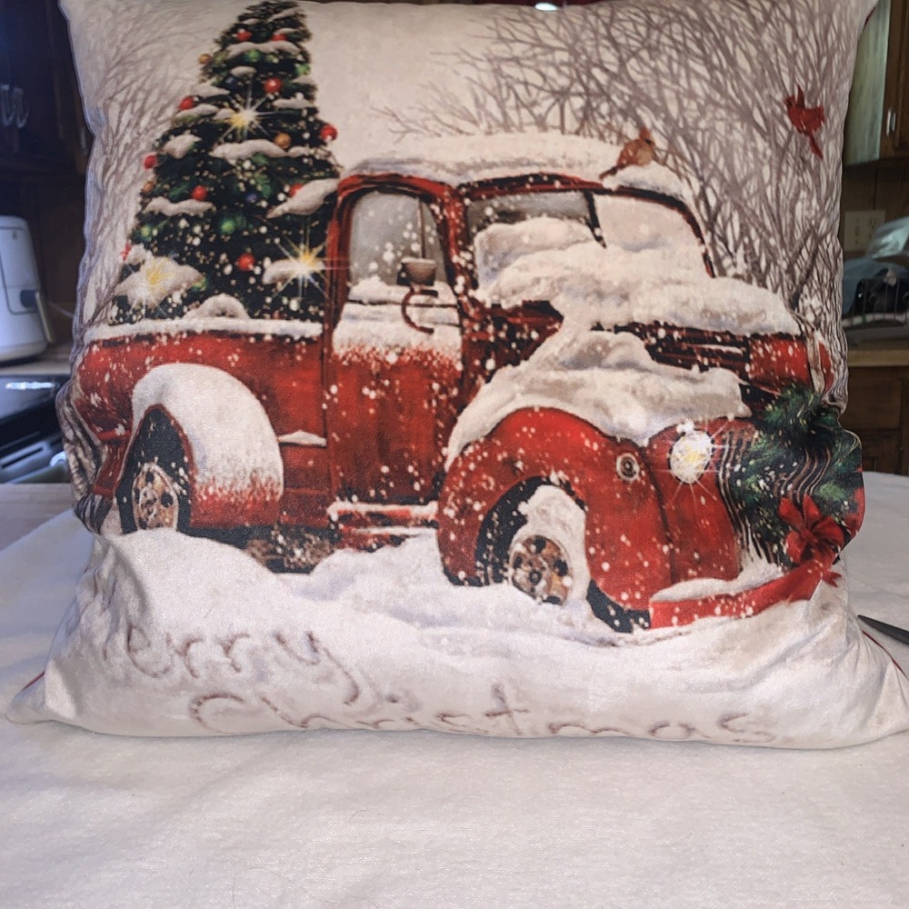 Christmas Down Pillow 21 x 21"Vintage  Truck With Tree & Snow removable cover